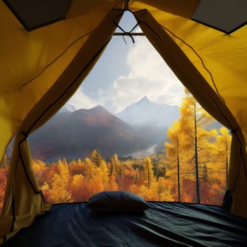 View from a tourist tent to the autumn forest and mountains. High quality photo