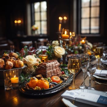 Table setting image. A bottle of wine and filled glasses, fruits and berries. High quality photo