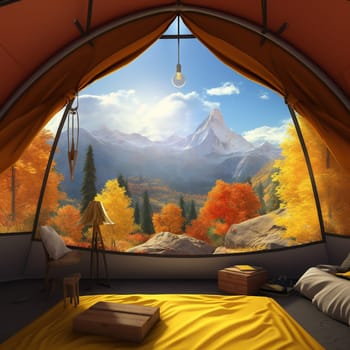 View from a tourist tent to the autumn forest and mountains. High quality photo