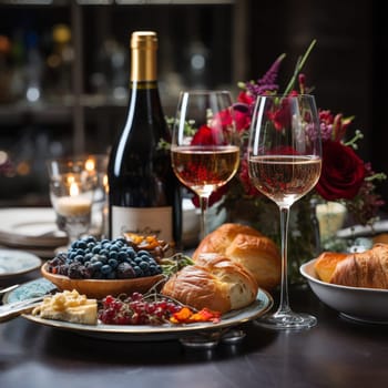 Table setting image. A bottle of wine and filled glasses, fruits and berries. High quality photo