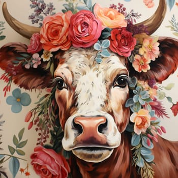 Portrait of a cow with big horns. Close-up of the muzzle of a cow decorated with bright flowers. High quality illustration