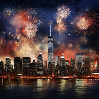 Festive fireworks over the city at night. High quality illustration