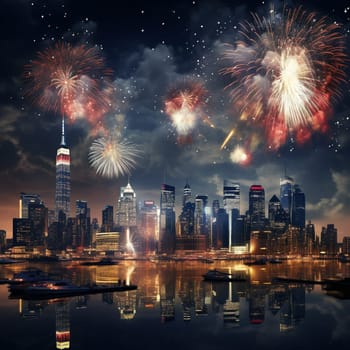 Festive fireworks over the city at night. High quality illustration