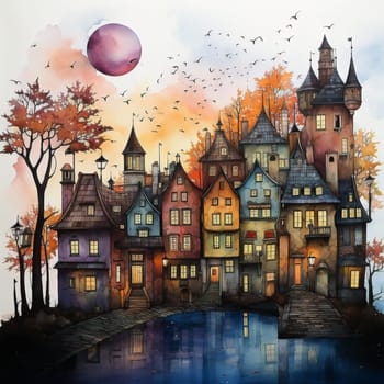 Colorful image of a large castle in the autumn season. High quality illustration