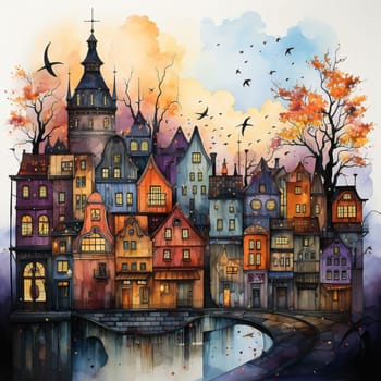 Colorful image of a large castle in the autumn season. High quality illustration