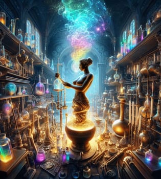 artisan perfume potion maker pharmacist preparing product in medieval steampunk laboratory generative ai art