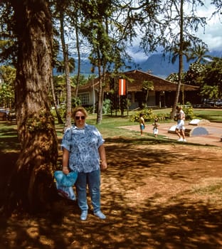 Lahaina, Maui, Hawaii, June 2, 1989 - Old Slide of View of Old Lahaina Harbor, and Street, on a Beautiful Sunny Summer Day