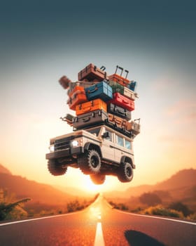 Huge pile luggage on fast 4x4 jeep roof , nomadic life vacation travel holiday lifestyle vblogger generated ai art