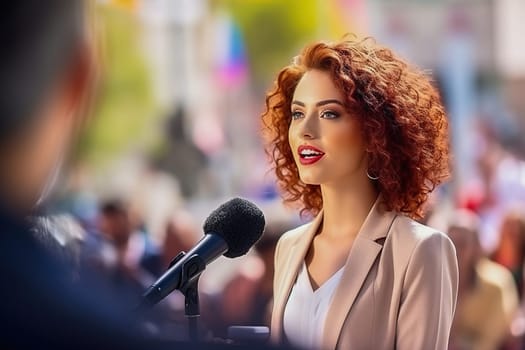 A woman with a microphone interviews people at a rally