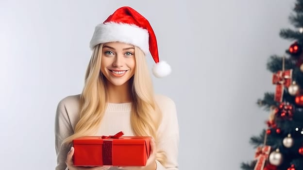 A beautiful girl in a red Christmas hat gives a gift