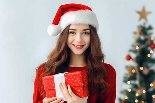 A beautiful girl in a red Christmas hat gives a gift