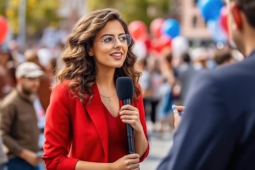 A woman with a microphone interviews people at a rally