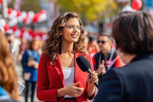 A woman with a microphone interviews people at a rally