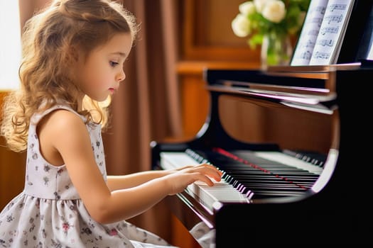 A little girl with long hair is learning to play the piano