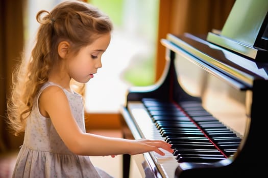 A little girl with long hair is learning to play the piano