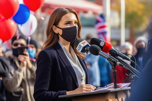 A masked woman gives a speech from the podium at a rally