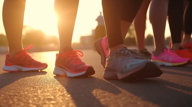 Close-up of feet of people in sneakers, standing on asphalt, in sunset light.