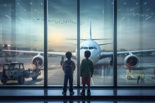 Two little boys watch through the airport window for standing plane.