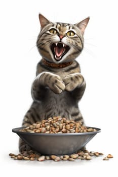 Funny happy grey cat with big iron bowl of dry food. Vertical