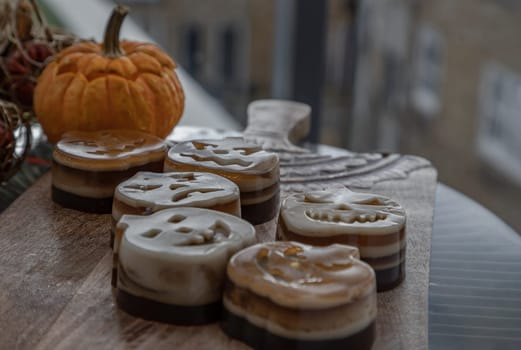 Delicious pumpkin ghost made with Agar powder and Halloween pumpkin. Tasty jelly in the shaped of cute ghost pumpkin. Celebrate with Halloween holiday, Pumpkin demon, Space for text, Selective focus.