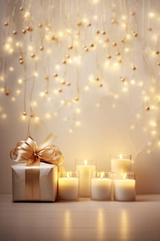 Holiday-themed still life with candles, Christmas decorations, and gifts, cozy intimacy feeling - AI generative