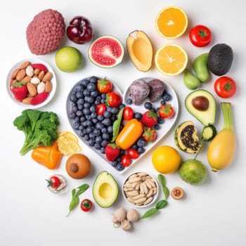 A heart-shaped platter of vegetarian and vegan-friendly fruits and veggies, bursting with flavor and nutrients. AI Generative