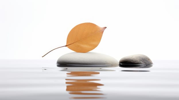 A yellow leaf on a white stone with water reflection on a white background. The leaf is pale yellow with a brown stem, resting on a smooth and rounded stone. High quality photo