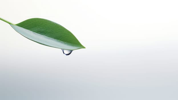 A fresh green leaf with a water droplet on the tip. This image captures the beauty and simplicity of nature. The leaf is light green and pointed, and the water droplet is clear and sparkling. High quality photo