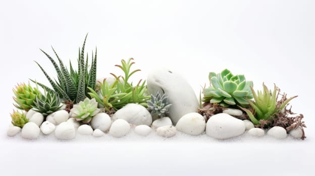 A miniature garden of colorful succulents and white rocks on a white background. The garden is composed of different types of succulent plants in shades of green, pink, and purple. High quality photo