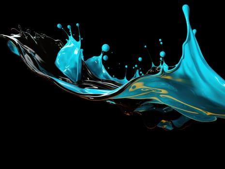 cyan paint splash on black background with drops and paint trail