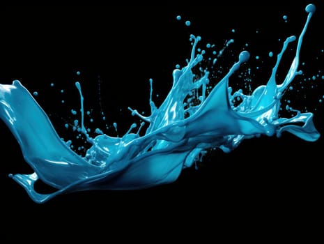 cyan paint splash on black background with drops and paint trail