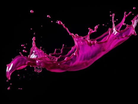 magenta paint splash on black background with drops and paint trail