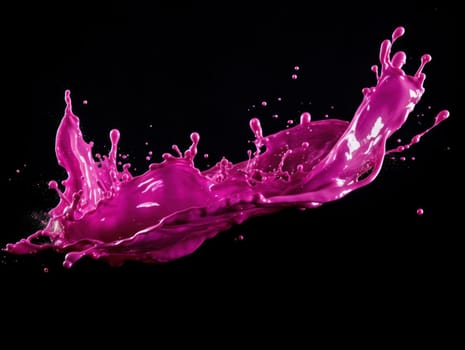 magenta paint splash on black background with drops and paint trail