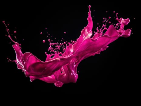 magenta paint splash on black background with drops and paint trail