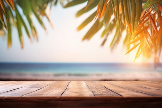 Tranquil coastal scenery with palm trees and natural beauty viewed from a wooden table. A perfect getaway. Generative AI.