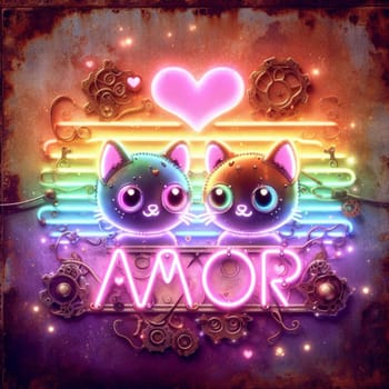 kittens in love steampunk neon valentines day illustration concept generative ai art