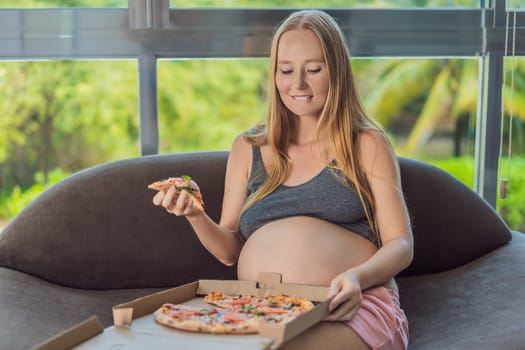 A pregnant woman enjoys a slice of pizza, savoring a moment of indulgence while satisfying her craving for a delightful, comforting treat. Excited Pregnant Young Lady Enjoying Pizza Holding Biting Tasty Slice Posing With Carton Box. Junk Food Lover Eating Italian Pizza. Unhealthy Nutrition Cheat Meal.