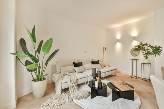 a living room with white couches and large potted plants on the floor in front of the sofas