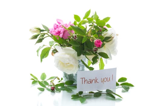 Small bouquet of beautiful summer pink and white roses, isolated on white background.