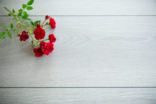 bouquet of red small roses, on a light wooden background.