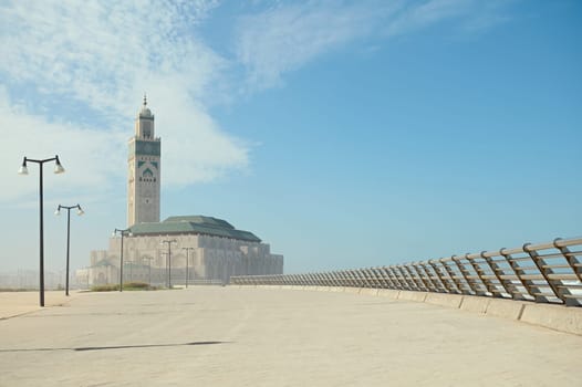 21102023. Casablanca. Morocco: Wonderful Hassan II mosque on the Atlantic Ocean promenade. Buildings and architecture. Culture and religion Travel destination. Tourism. Copy advertising space