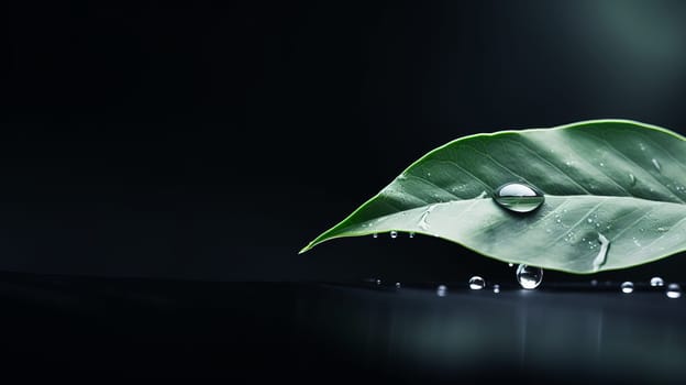 a close-up of a green leaf with a water droplet on it, showcasing the beauty of nature and the freshness of the plant. High quality photo