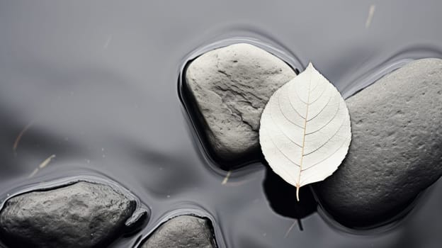 a black and white representation of a leaf resting on rocks in water, creating a serene and peaceful scene. High quality photo