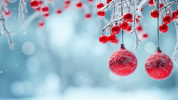 Red balls on fir branches, winter snowy background. festive winter season background, copy space.