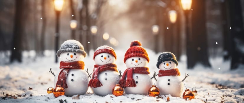 Merry Christmas and happy New Year greeting card with copy-space.Many snowmen standing in winter Christmas landscape.Winter background.