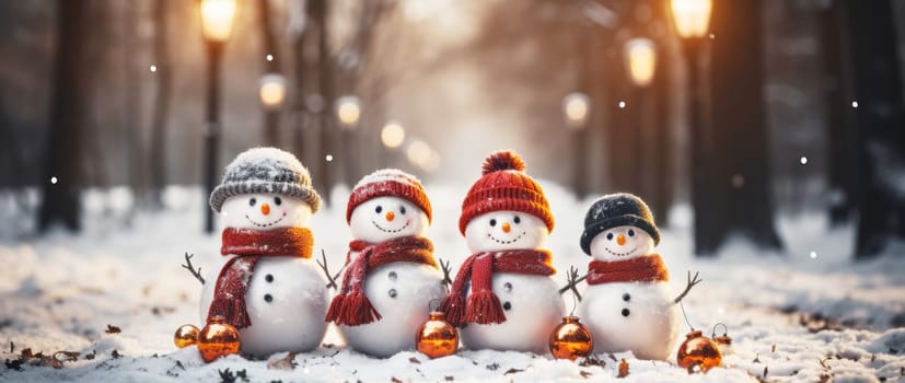 Merry Christmas and happy New Year greeting card with copy-space.Many snowmen standing in winter Christmas landscape.Winter background.