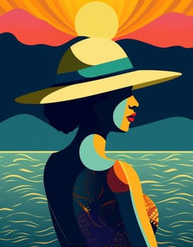 tropical woman beautiful model sun hat beauty concept sand tanned black beige ocean fashion beach vacation relax background art summer young. Generative AI.