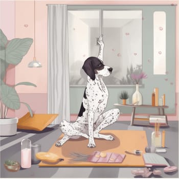 dog lifestyle woman stretching fitness puppy relax pose exercising home sport meditation position yoga zen cartoon training body young indoor pet. Generative AI.