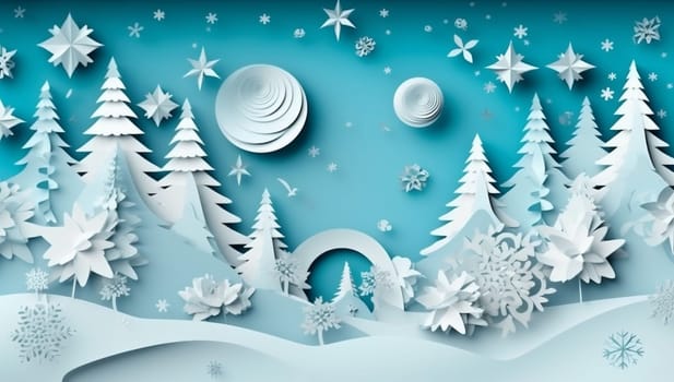white scene new paper christmas decoration holiday tree origami background happy abstract cut snowflakes art nature beautiful decorative blue merry winter. Generative AI.