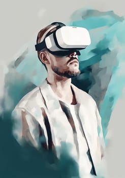man art gadget metaverse vr electronic head futuristic technology goggles neon science play digital glasses headset cyber person gamer excited modern. Generative AI.